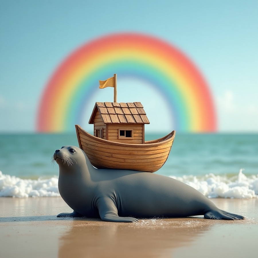 A wooden Noah's ark balancing on a seal's back, a rainbow arching over them