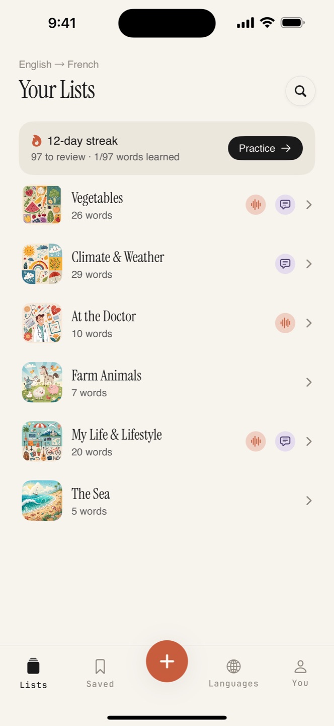 BoneJu home screen: illustrated word lists and a 12-day practice streak
