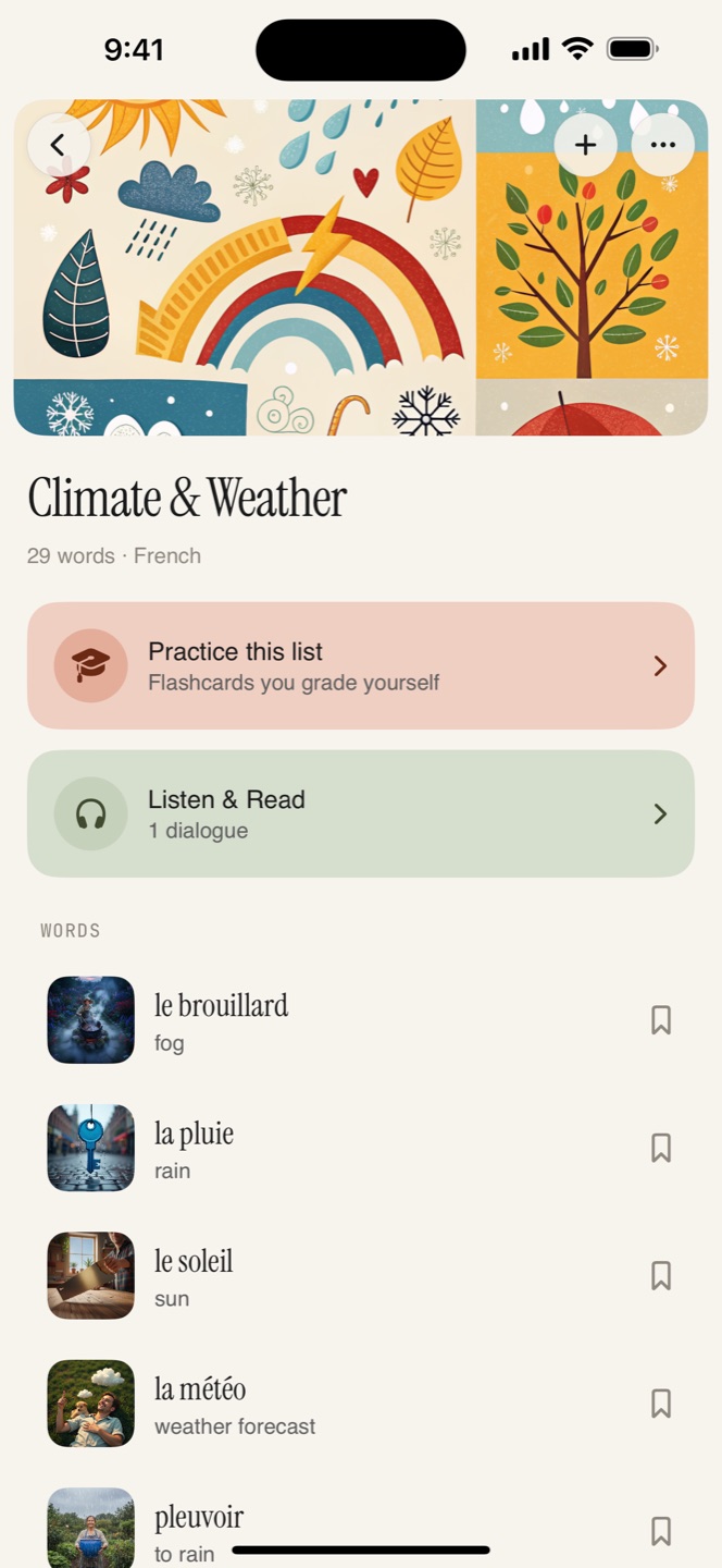 A list page with practice and listen-and-read options
