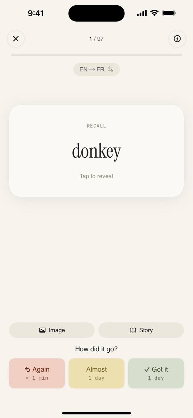 A flashcard practice session with self-grading buttons