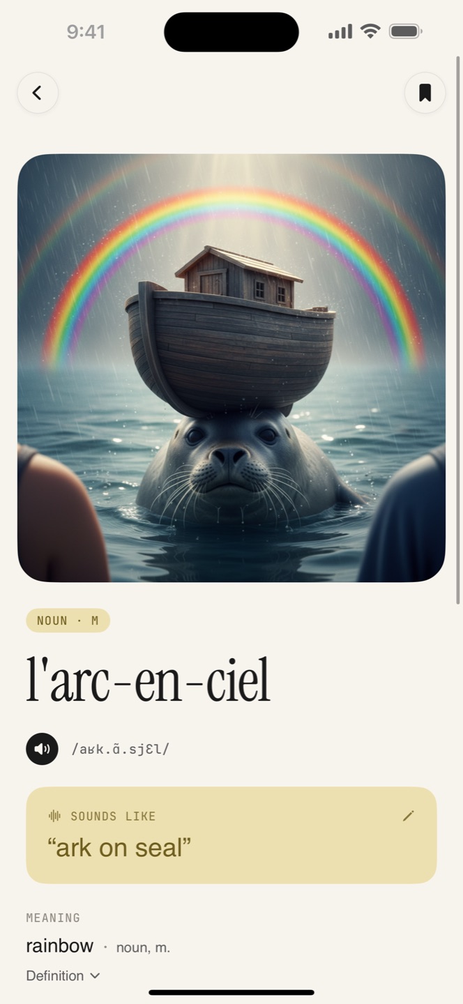 Word page for l'arc-en-ciel with its ark-on-seal picture and sound-alike